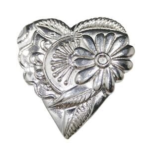 Vintage Laurel Burch 1993 Floral Heart Brooch, Silver Tone